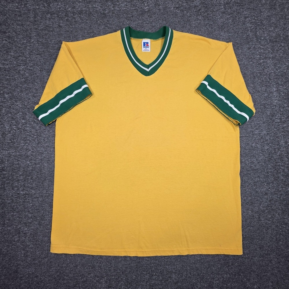 Vtg 90s Russell Athletic T-Shirt Mens Sz XL V-Neck Yellow Blank Made In USA!